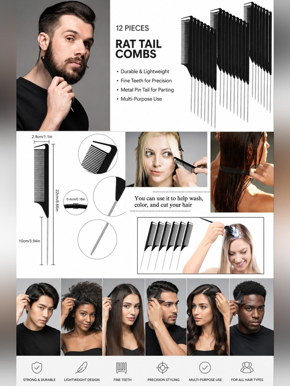 🍎12-Pc Rat Tail Comb Set Carbon Fiber Steel Pin Hair Sectioning & Teasing Combs